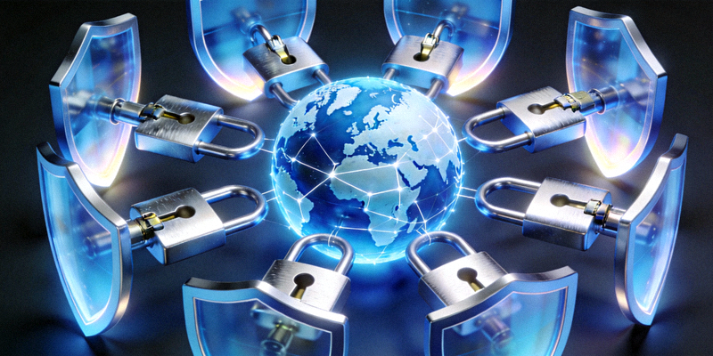象征安全访问全球网络的图片，地球被安全的锁和盾牌环绕