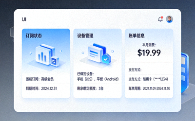 用户账户管理面板界面，显示订阅状态、设备管理和账单信息